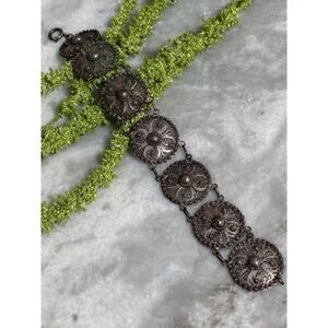 Antique Victorian Sterling Silver Filigree Flower Link Bracelet